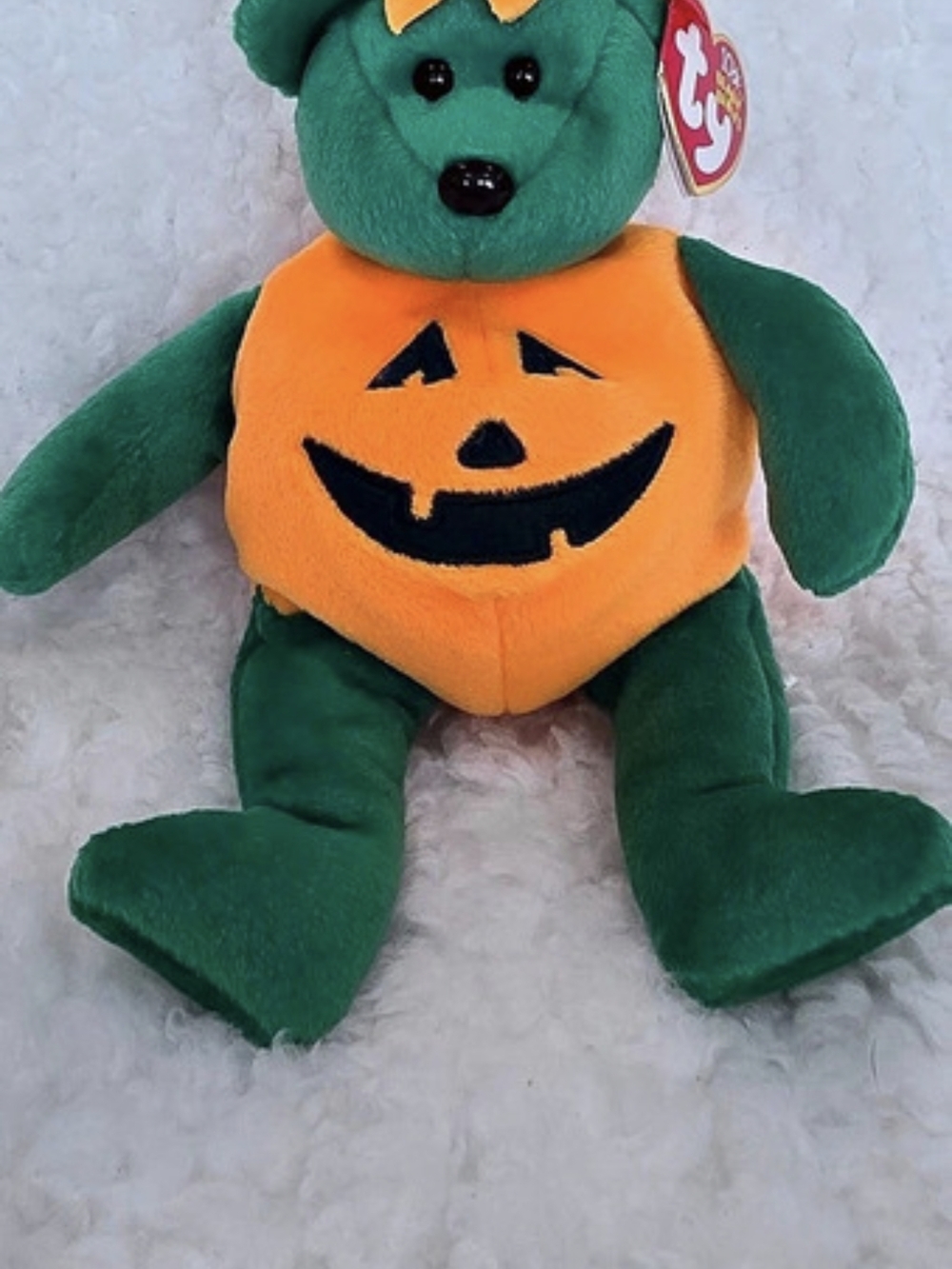 Ty Tricky the Bear Pumpkin Beanie Baby Green & Orange